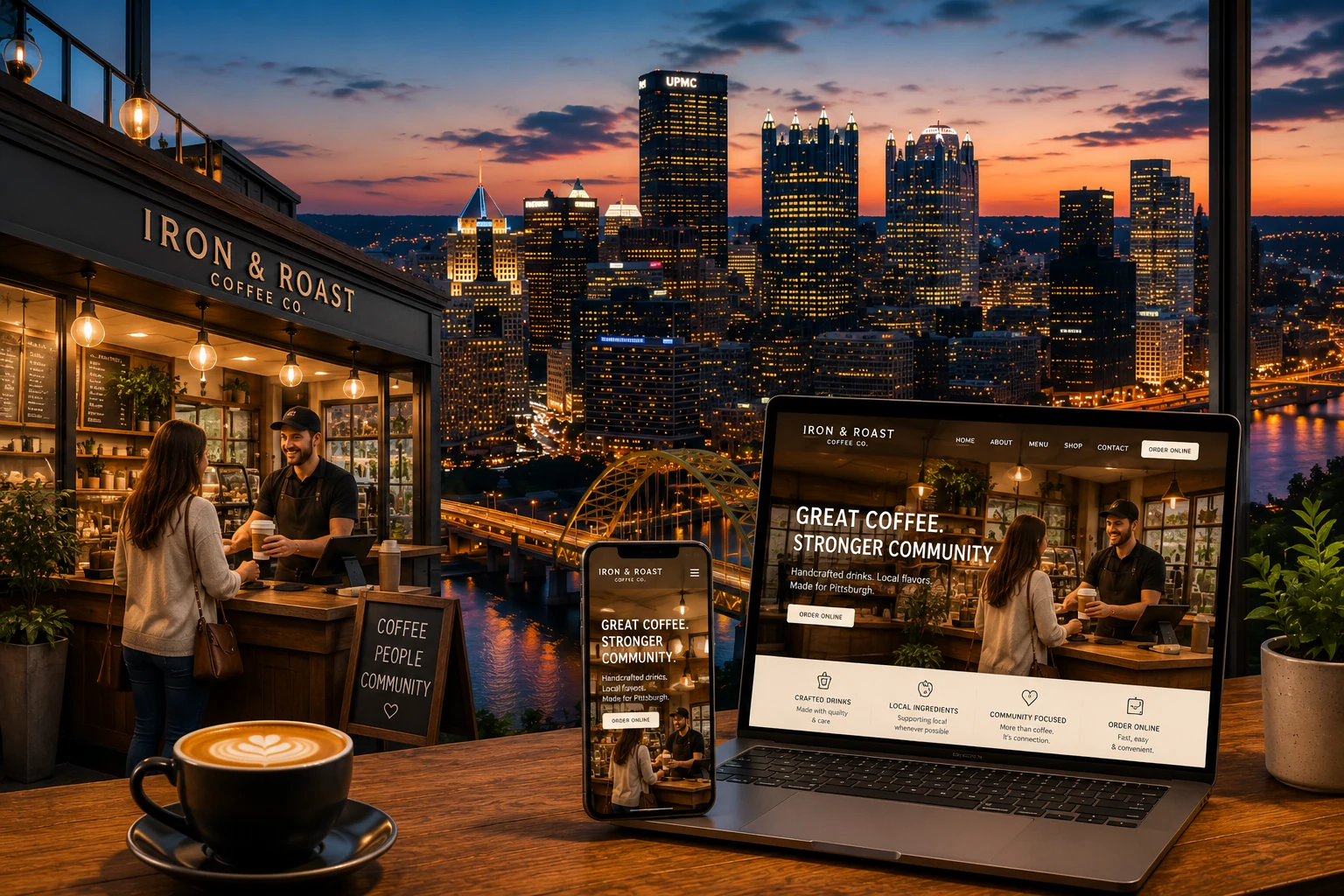 Pittsburgh skyline and a café website displayed on a laptop and phone